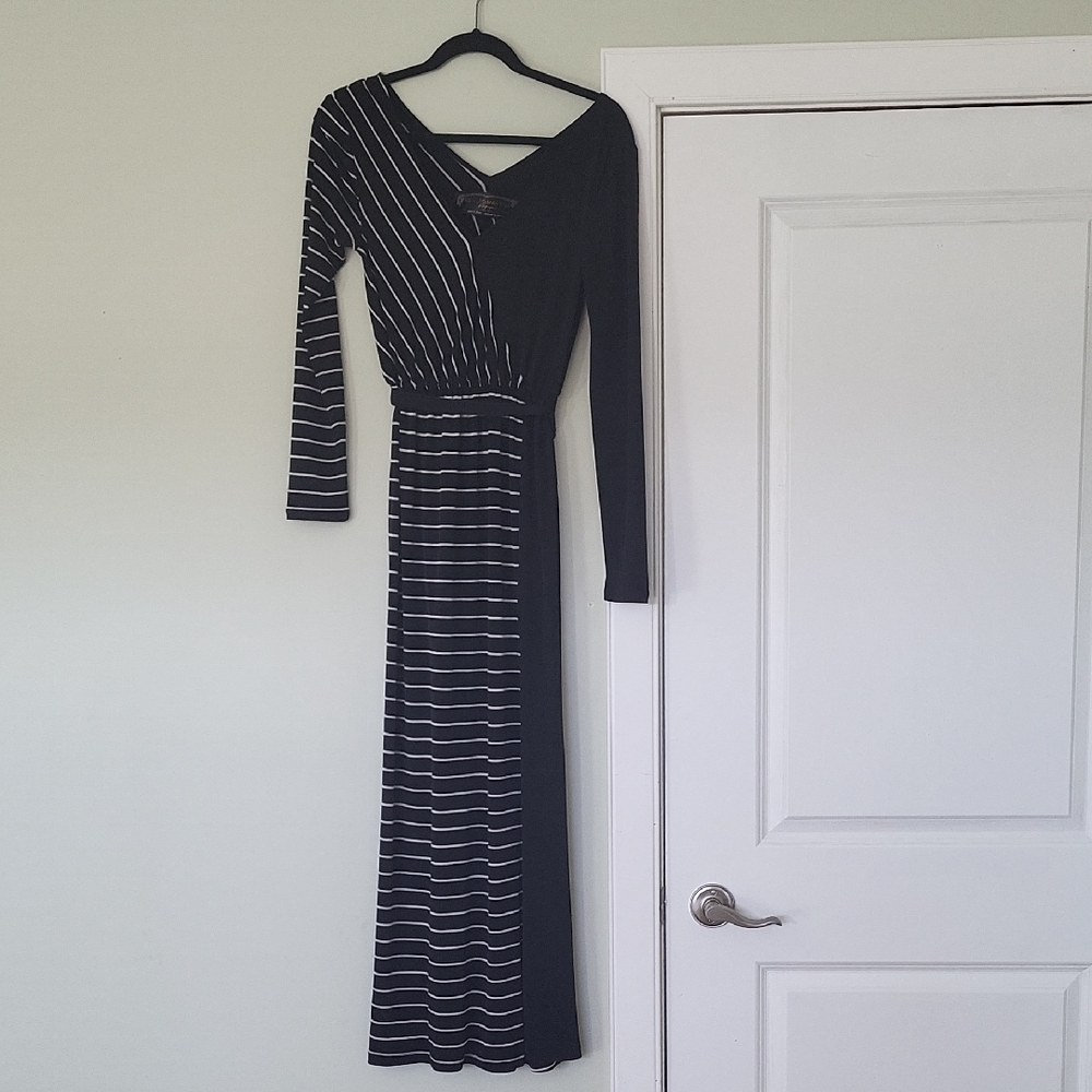 Black and White Striped Long-Sleeve Wrap Maxi Dress